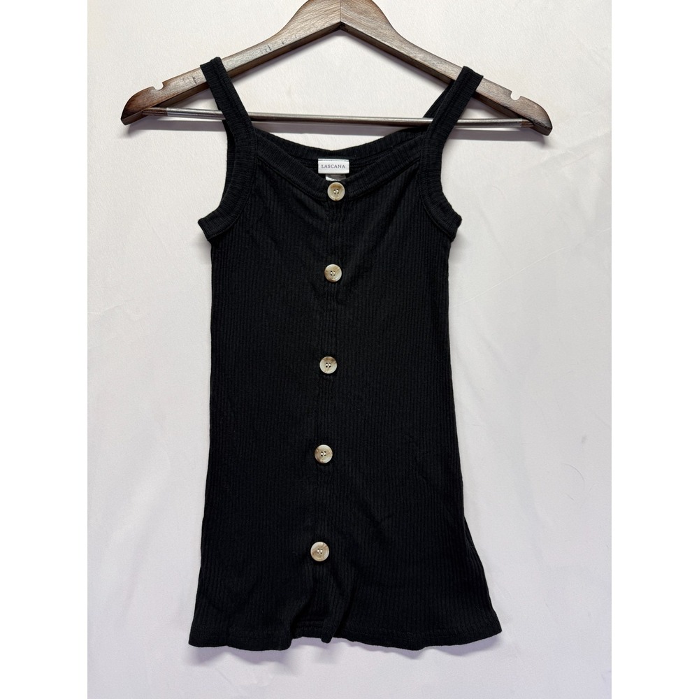 Lascana Cami Tank Top Womens 4/6 Black Cotton Ribbed Knit Slim Fit Button Front